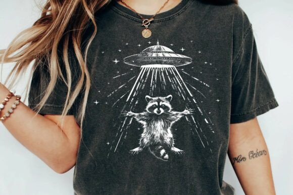 Download Funny Raccoon UFO Alien Abduction Space Graphic Vintage Trash Panda Png - Fun Collection